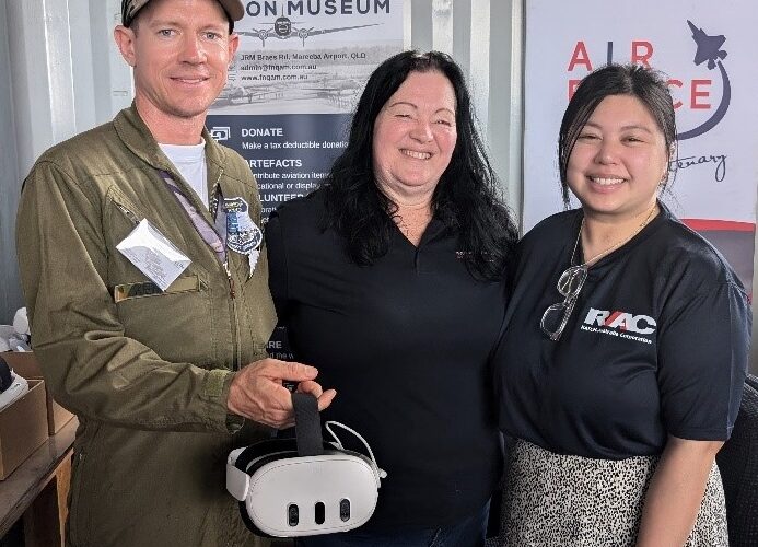 Three people holding virtual reality headset provided by RATCH-Australia MEWF Community Fund in round 1 2024.